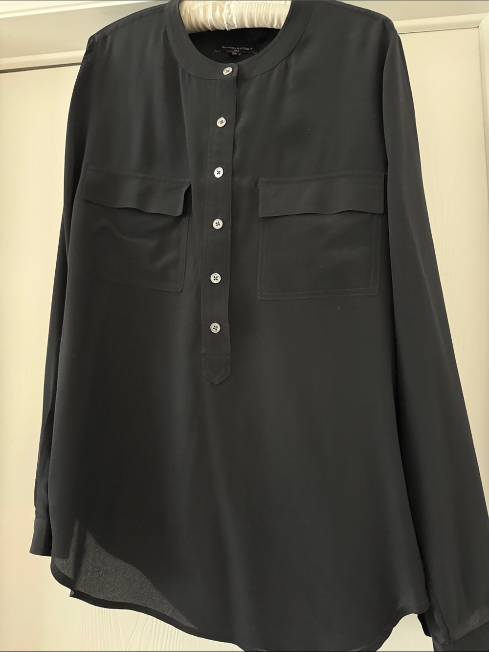 Banana Republic Black Silk Collarless Button Blouse